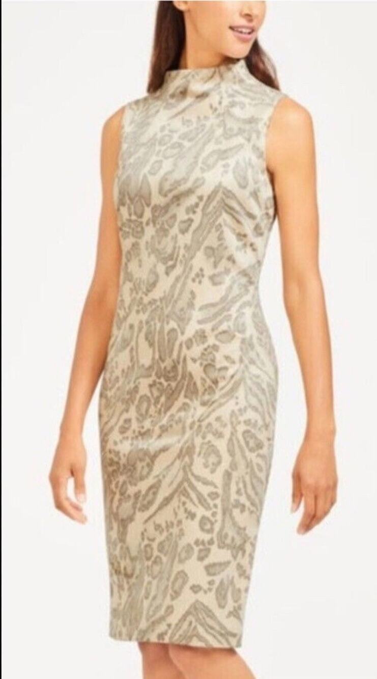 J McLaughlin Liz FauxSuede Jaguar Print‎ Sheath Dress Women XS Cream Funnel Neck